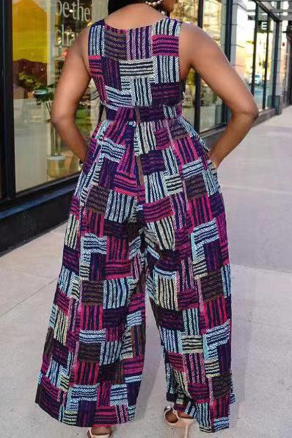 storexq Geometric Print Casual Wide Leg Jumpsuit