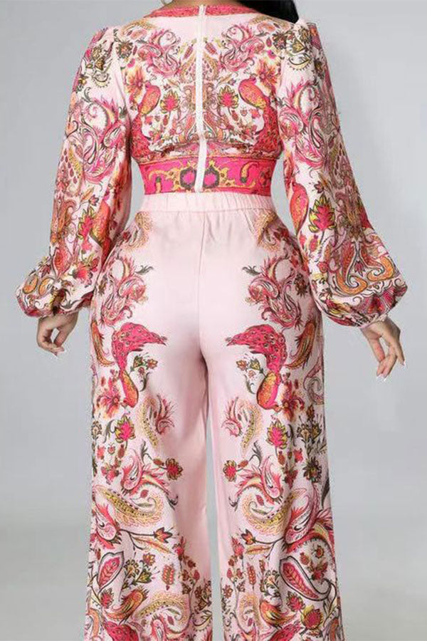 storexq Tribal Floral Print Classic Wide Leg Pant Suit