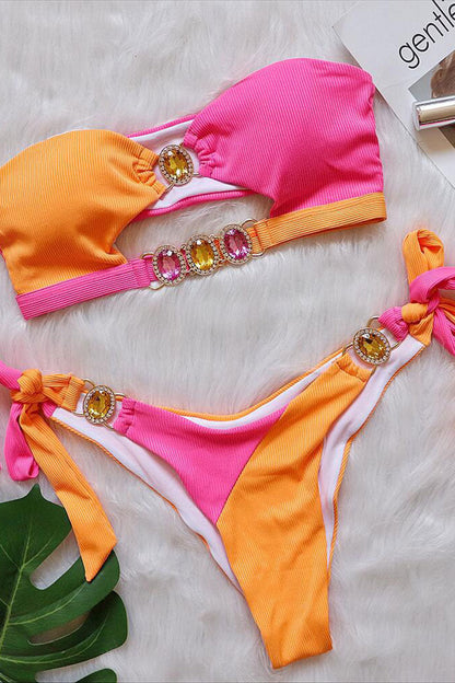 storexq Color Block Crystal Decor Romantic Tie Side Bikini