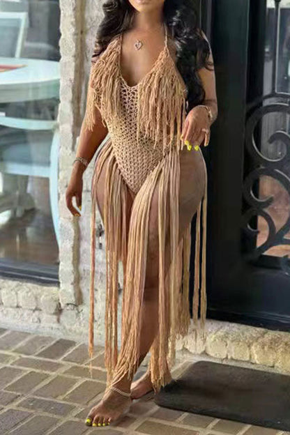 storexq Solid Color Backless Romantic Crochet Cutout Tassel Beachwear