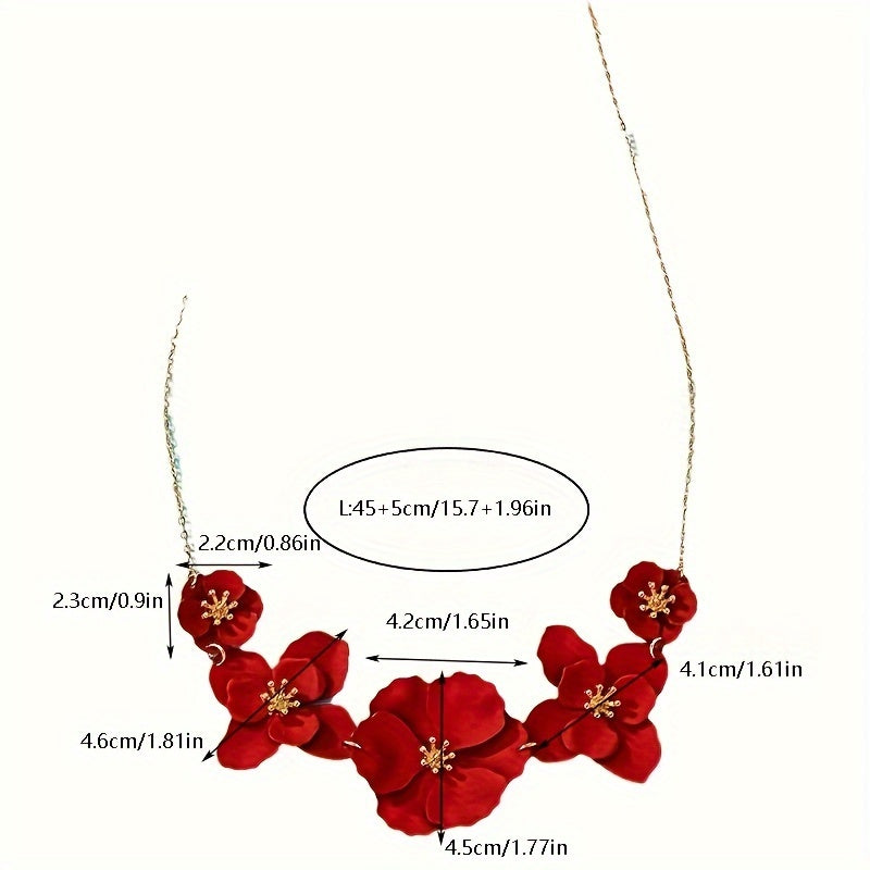 Bohemian Style Handmade Red Pendant Flower Necklace, Fashionable Temperament Women's Floral Princess Necklace Jewelry For Vacation And Casual Wear