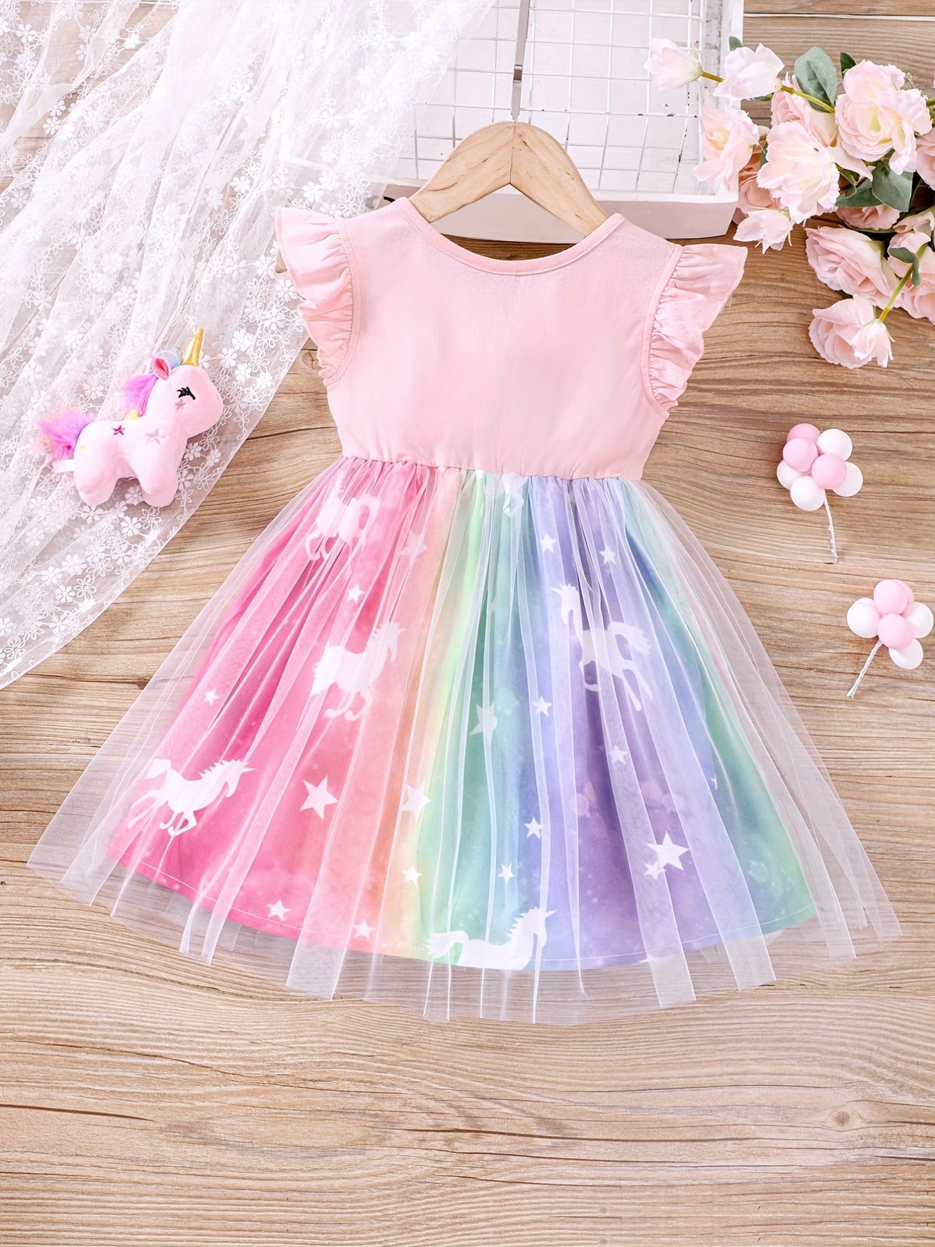 Toddler Girls Cartoon Unicorn Ruffled Sleeveless Round Neck Contrast Mesh Dress Kids Summer Clothes