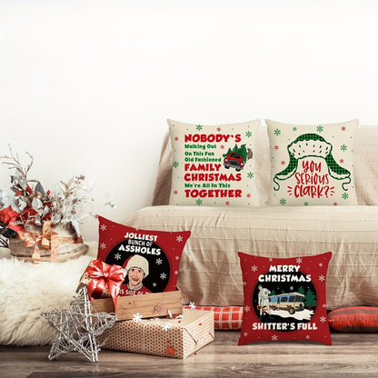 Christmas Clark 4pc Linen Blend Pillowcases - Festive Easy-Care Covers with Zipper for Various Room Types