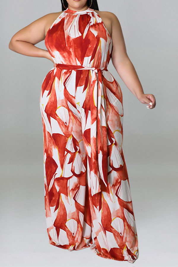 storexq Leaf Print Elegant Belted Wide Leg Jumpsuit