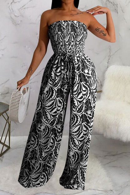 storexq Floral Print Retro Strap Shirred Wide Leg Jumpsuit