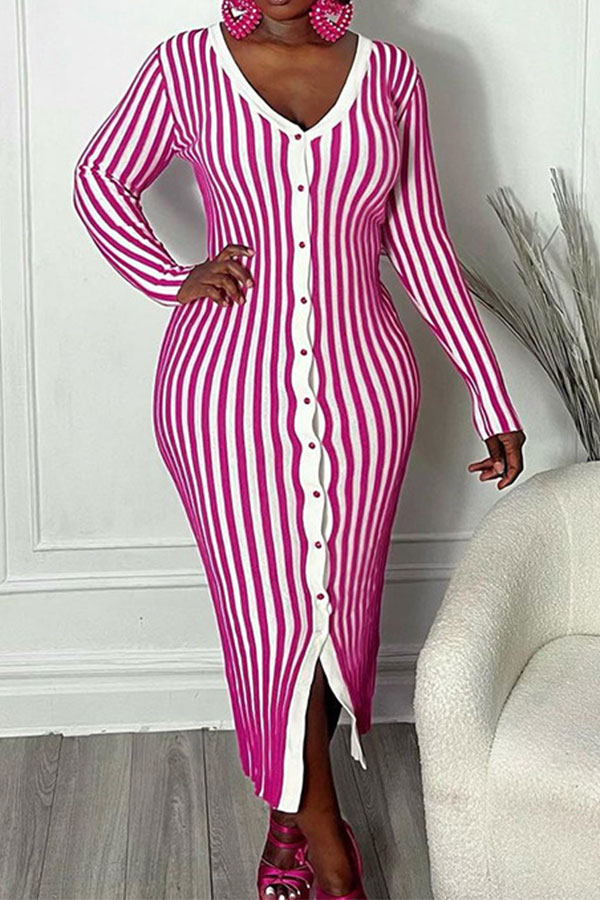 namcoverse Vertical Striped V Neck Classic Button Midi Dress