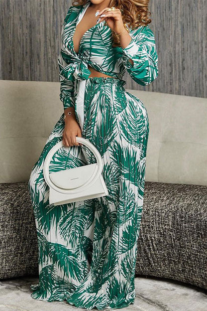 storexq Leaf Print Chic Lace-Up Wide Leg Pant Suit