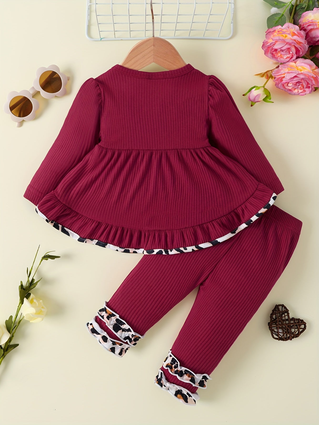 Toddler Baby Girl Cute Outfit - Puff Hem Dress Top + Elastic Pencil Pants Leopard Lace Letter Embroidery Set Outdoor Clothes