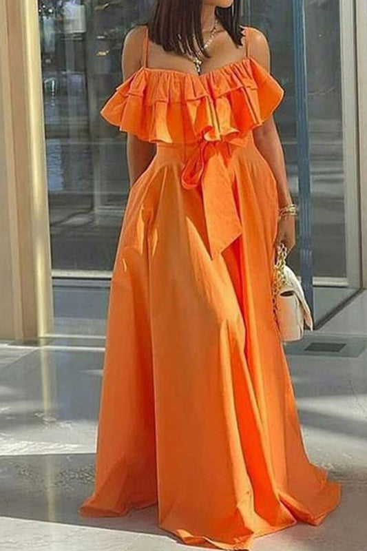 storexq Solid Color Ruffle Stunning Lace-Up Maxi Dress