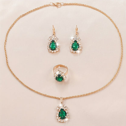 Droplet Shaped Emerald Rhinestone Pendant, Alloy Jewelry Set, Minimalist, Elegant Style For Fashion-Conscious Women, Including Necklace Earrings & Ring Female Gift