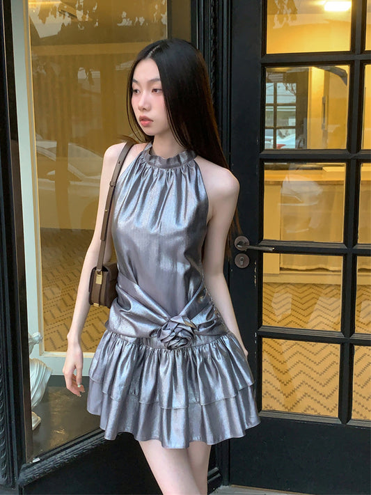 storexq Metallic Glistening Ruffled Mini Dress