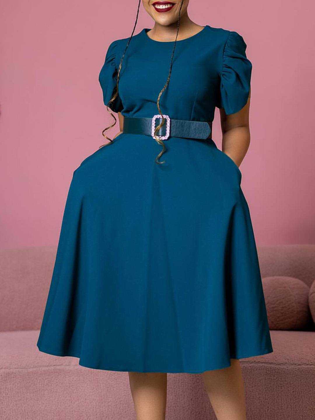 storexq Solid Color Ruffle Sleeve Rocking A-Line Midi Dress