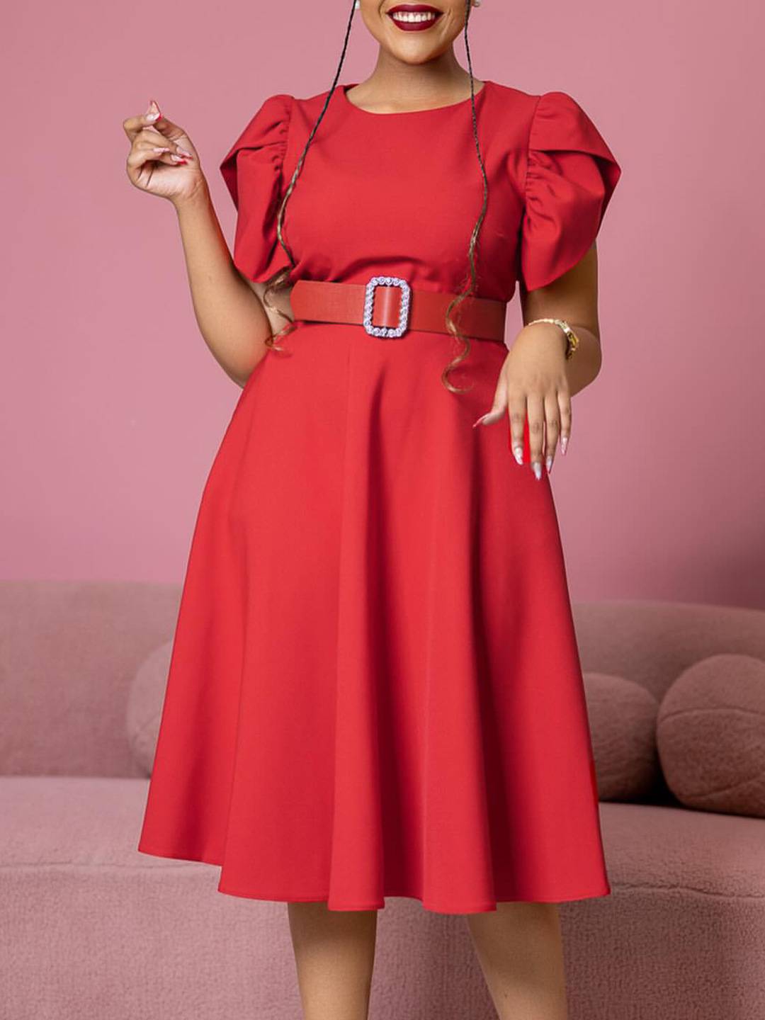 storexq Solid Color Ruffle Sleeve Rocking A-Line Midi Dress