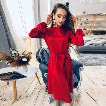 Women Vintage Sashes Satin A-line Dress Lantern Sleeve O neck Solid Elegant Casual Party Dress  Summer OL New Fashion Dress