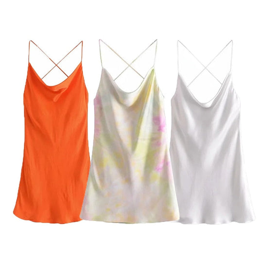 StoreXQ  Summer Slip Dress Women Za  Tie Dye Satin Short Woman Dresses Strappy Sexy Backless Strap Mini Dress Club Party Dresses