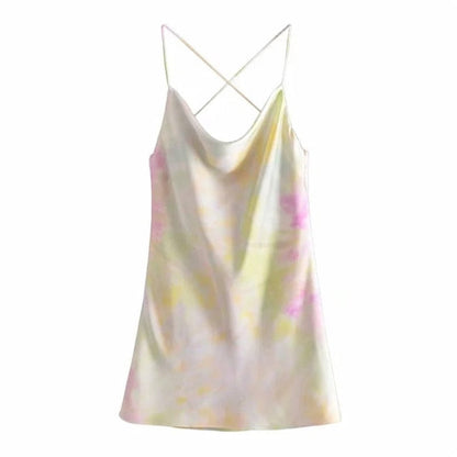 StoreXQ  Summer Slip Dress Women Za  Tie Dye Satin Short Woman Dresses Strappy Sexy Backless Strap Mini Dress Club Party Dresses