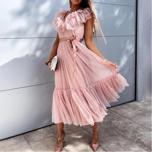 Summer Ladies Sexy Deep V Neck Gauze Party Dress Women Elegant Solid Sleeveless Knee-Length Dress Streetwear Sweet Dresses