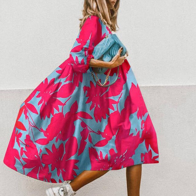 Women Vintage O-neck Floral Print Loose A-Line Dress Half Sleeve Party Dress Autumn Elegant Fashion Ladies Dresses Vestidos