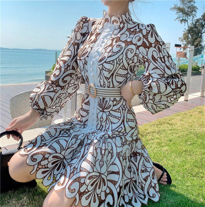 Runway Designer Spring Lace Party Dress  New Women Lantern Sleeve Hollow Out Dress Fashion Holiday Belt Mini Dresses