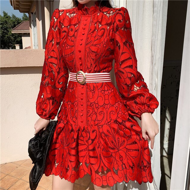 Runway Designer Spring Lace Party Dress  New Women Lantern Sleeve Hollow Out Dress Fashion Holiday Belt Mini Dresses