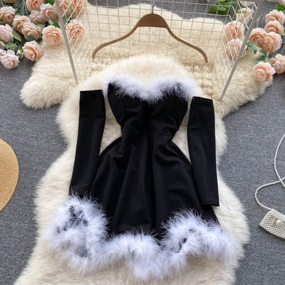 Women Elegant Dress For New Year  Strapless Backless Furry Sexy Short Mini Christmas Dress Navidad Red Party Dress Femme