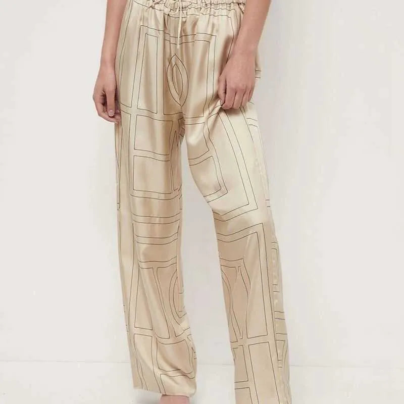 Totem* 100% silk embroidery casual drawstring nighty wide leg pants 210915