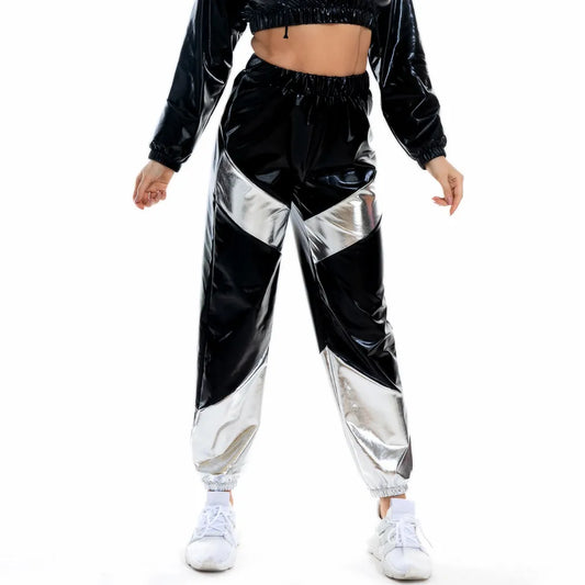 Women Reflective Long Pants with Pockets High Waist Loose Holographic Patchwork Trousers Club Dance Jogger Pants Clubwear LJ201130