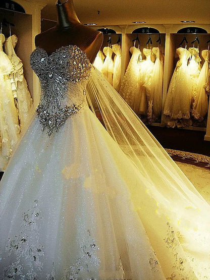 100% Real Image!  Luxury Ball Gown Wedding Dresses Sweetheart Crystal Beaded Tulle Royal Wedding Gowns Cathedral Train Lace Up Back