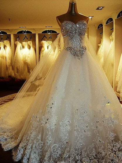 100% Real Image!  Luxury Ball Gown Wedding Dresses Sweetheart Crystal Beaded Tulle Royal Wedding Gowns Cathedral Train Lace Up Back