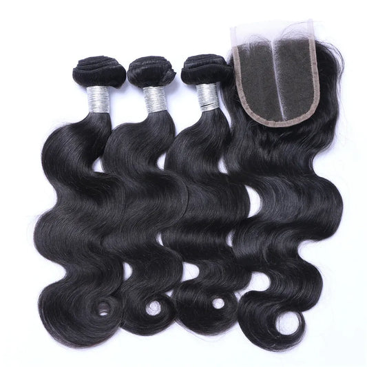 Brazilian Body Wave Human Hair 3 Bundles With Closures Natural Black Color