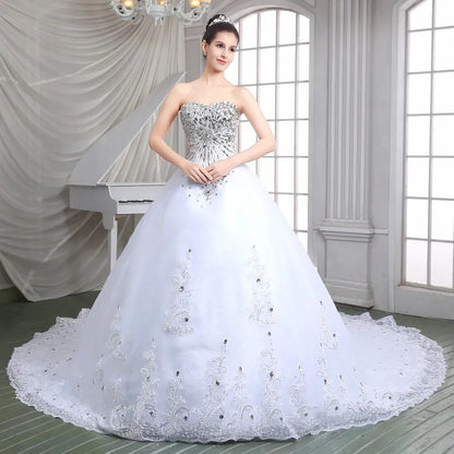 100% Real Image!  Luxury Ball Gown Wedding Dresses Sweetheart Crystal Beaded Tulle Royal Wedding Gowns Cathedral Train Lace Up Back