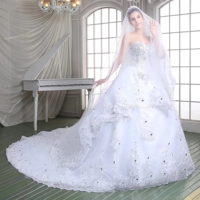 100% Real Image!  Luxury Ball Gown Wedding Dresses Sweetheart Crystal Beaded Tulle Royal Wedding Gowns Cathedral Train Lace Up Back