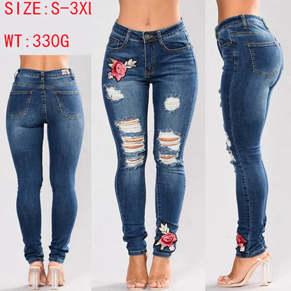 Stretch Embroidered For Women Elastic Flower Female Slim Denim Pants Hole Ripped Rose Pattern Jeans Pantalon Femme C19041801