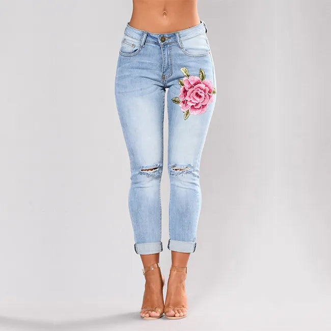 Stretch Embroidered For Women Elastic Flower Female Slim Denim Pants Hole Ripped Rose Pattern Jeans Pantalon Femme C19041801