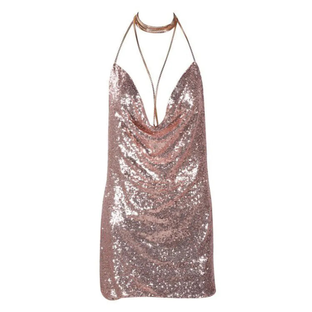 Sequin Dress  Summer Sexy Backless Dress Women's Sleeveless Party Night Club Metal Dress Diamond Chain Clothing