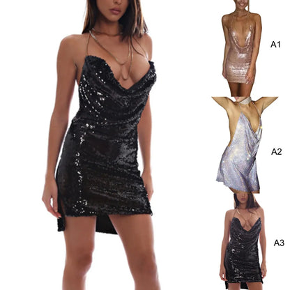 Sequin Dress  Summer Sexy Backless Dress Women's Sleeveless Party Night Club Metal Dress Diamond Chain Clothing