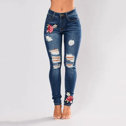 Stretch Embroidered For Women Elastic Flower Female Slim Denim Pants Hole Ripped Rose Pattern Jeans Pantalon Femme C19041801