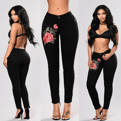 Stretch Embroidered For Women Elastic Flower Female Slim Denim Pants Hole Ripped Rose Pattern Jeans Pantalon Femme C19041801