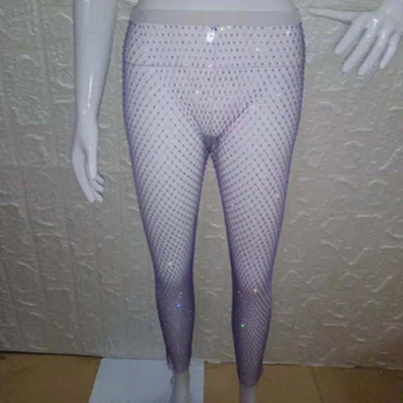 Crystal Rhinestones Diamonds Fishnet Sexy Tunic Pants Women Long Bottoms Mesh Hollow Out Transparent Beach Club Party Trousers T200104