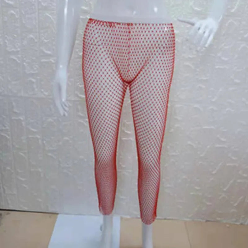 Crystal Rhinestones Diamonds Fishnet Sexy Tunic Pants Women Long Bottoms Mesh Hollow Out Transparent Beach Club Party Trousers T200104