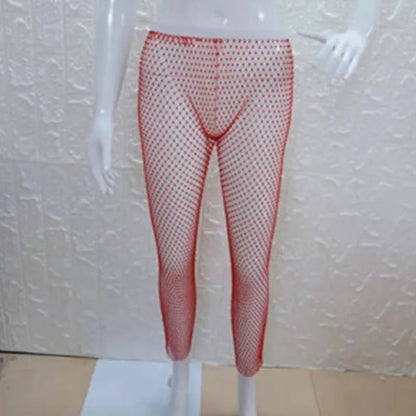 Crystal Rhinestones Diamonds Fishnet Sexy Tunic Pants Women Long Bottoms Mesh Hollow Out Transparent Beach Club Party Trousers T200104