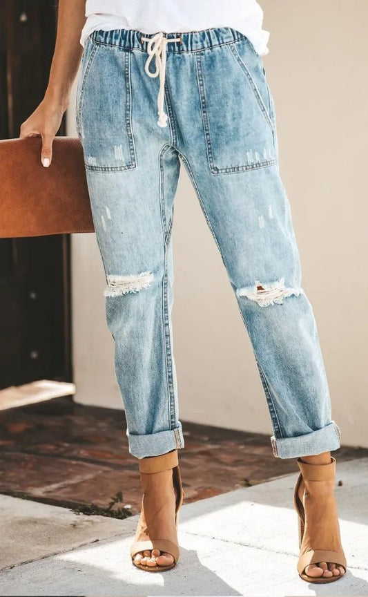 Women Elastic Waist Pockets Jeans Denim Holes Pants Knee Ripped Loose Trouser