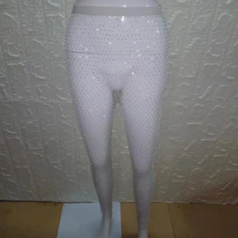 Crystal Rhinestones Diamonds Fishnet Sexy Tunic Pants Women Long Bottoms Mesh Hollow Out Transparent Beach Club Party Trousers T200104