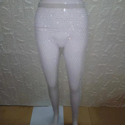 Crystal Rhinestones Diamonds Fishnet Sexy Tunic Pants Women Long Bottoms Mesh Hollow Out Transparent Beach Club Party Trousers T200104