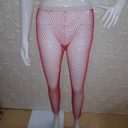 Crystal Rhinestones Diamonds Fishnet Sexy Tunic Pants Women Long Bottoms Mesh Hollow Out Transparent Beach Club Party Trousers T200104