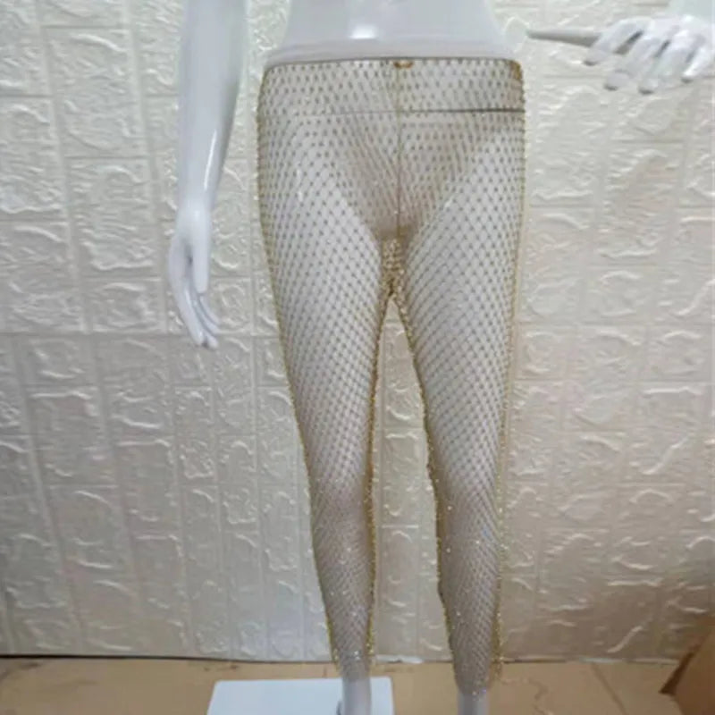 Crystal Rhinestones Diamonds Fishnet Sexy Tunic Pants Women Long Bottoms Mesh Hollow Out Transparent Beach Club Party Trousers T200104