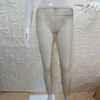 Crystal Rhinestones Diamonds Fishnet Sexy Tunic Pants Women Long Bottoms Mesh Hollow Out Transparent Beach Club Party Trousers T200104