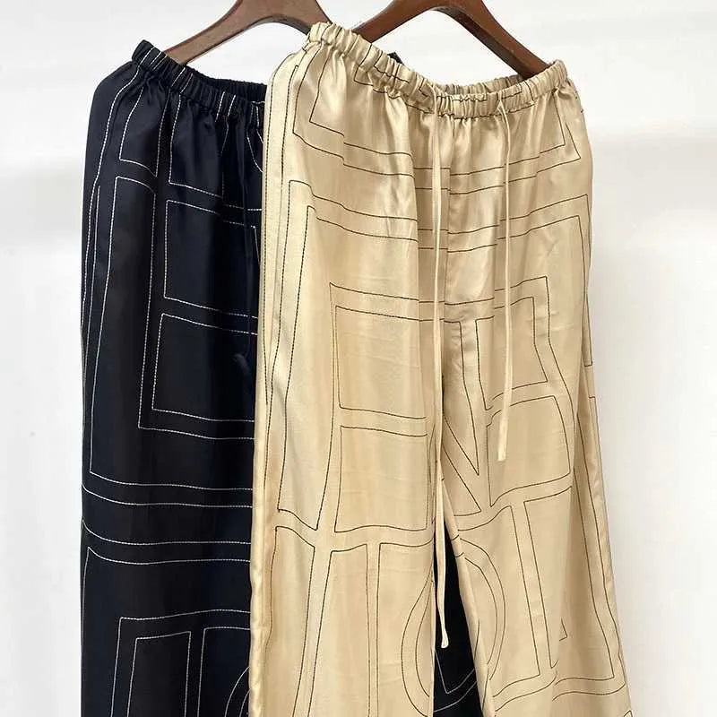 Totem* 100% silk embroidery casual drawstring nighty wide leg pants 210915