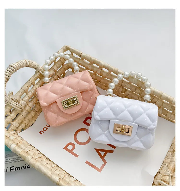 Children Jelly Bag  New Kids Silicone Chain Handbags Baby Girls Candy Color Pearl Messenger Bags Mini Change Purse C6958