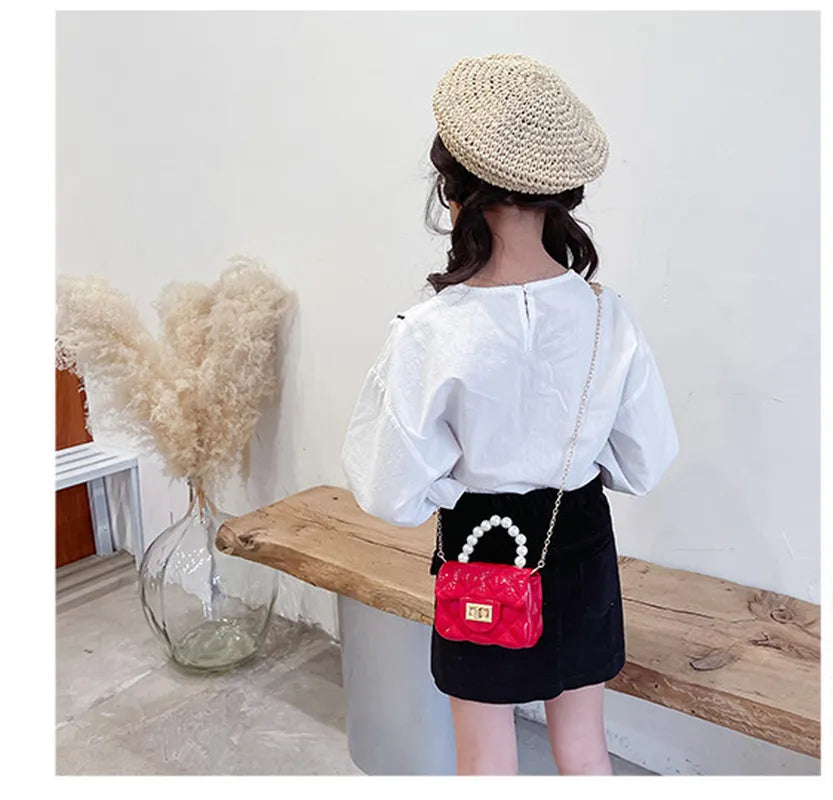 Children Jelly Bag  New Kids Silicone Chain Handbags Baby Girls Candy Color Pearl Messenger Bags Mini Change Purse C6958